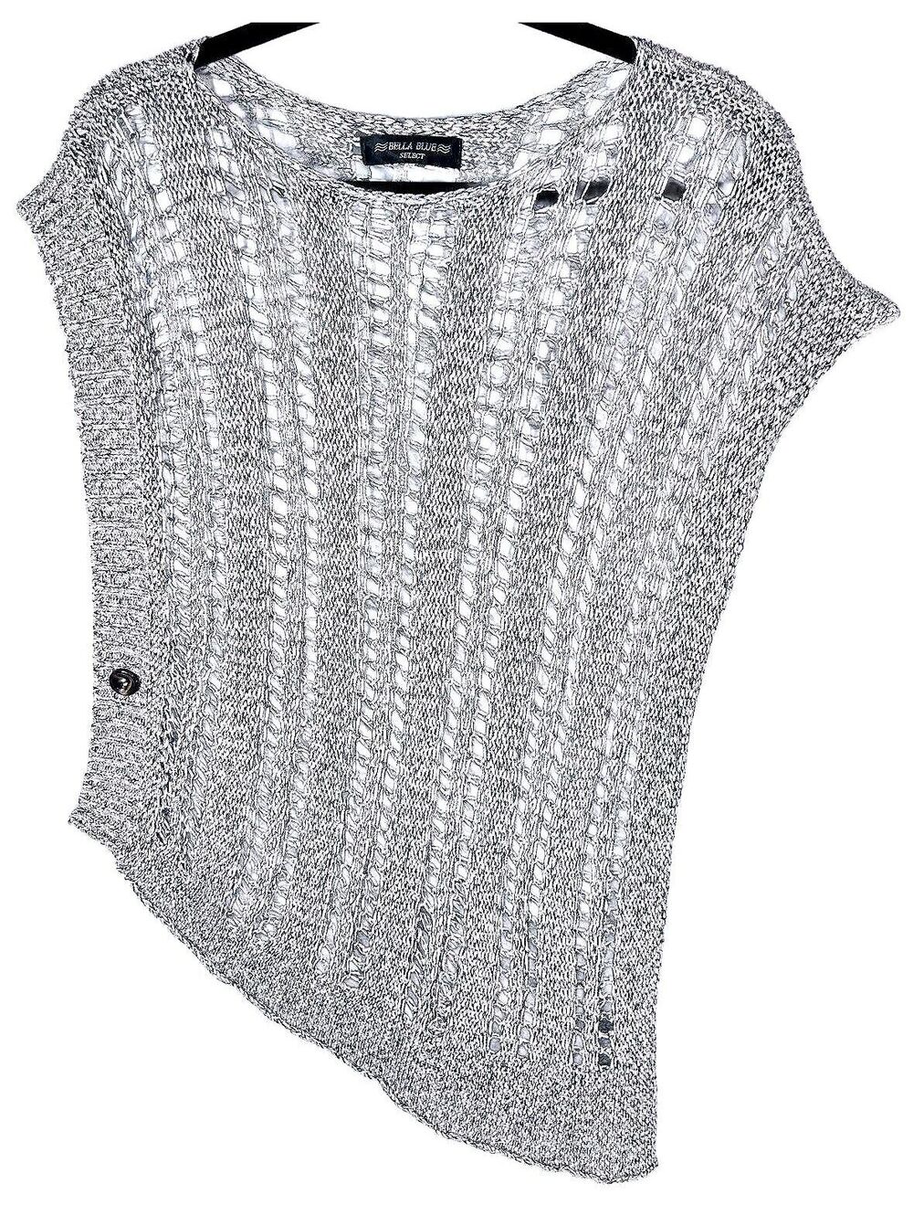 Bella Blue Select Open Knit Asymmetrical Diagonal Hem Top Blue Grey Coastal Tank - Picture 1 of 5